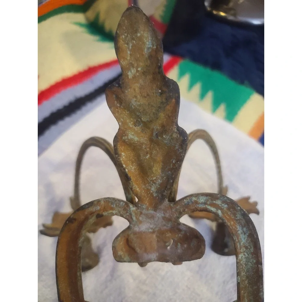 Vintage Cast Metal Double Candle Wall Sconce Ornate Verdigris Patina Rustic